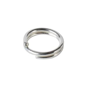 May include: A silver-colored metal split ring featuring a double-loop design. The circular connector is constructed from a single piece of wire coiled into two overlapping loops, creating a sturdy and functional hardware component for various uses.