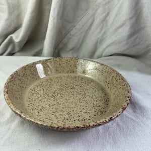 May include: A speckled ceramic plate with a beige base and brown speckles. The rim is a darker brown. The plate is round and shallow, suitable for serving food. The plate is likely vintage or handmade.