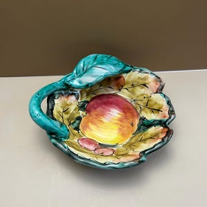Vintage Italian Hand-painted fruit bowl with leaf majolica signed, vibrant!