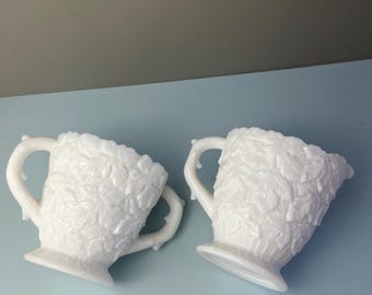 Vintage Milk Glass Creamer and Sugar Set – Embossed Leaf Pattern White Pedestal Cups