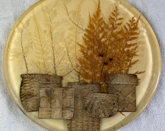 Vintage Lucite Trivet with Dried Ferns and Woven Baskets, Round Boho Resin Hot Plate