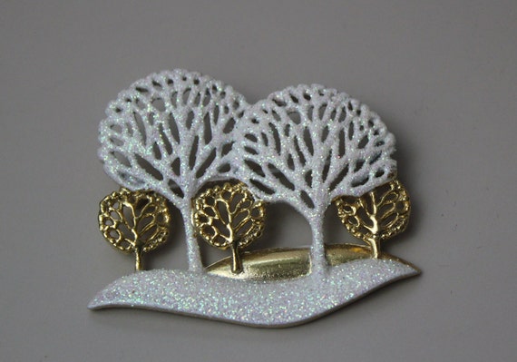 Vintage AJC Winter Tree Brooch Pin White and Gold… - image 1