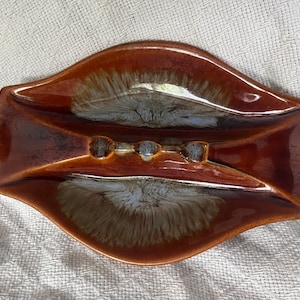 1960s 1970s Ceramic Drip Glazed Pottery Ashtray Aqua Brown Swirl Made in America USA