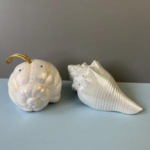 May include: Two white ceramic seashell-shaped items. One is round with a gold loop and two holes, the other is a conch shell shape. Both have a pearlescent finish and are on a light blue surface.