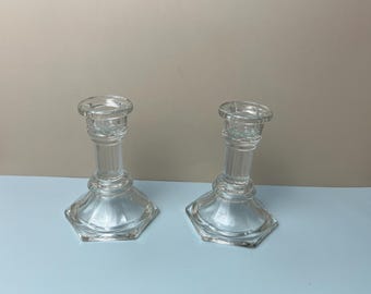 Vintage clear glass Candlestick Holders, Hexagon Candle Holders for Taper Candles Nice!