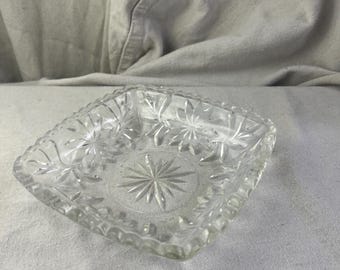 Vintage Clear Pressed Glass Starburst Nut or Candy Dish, 6.5 Inch Square