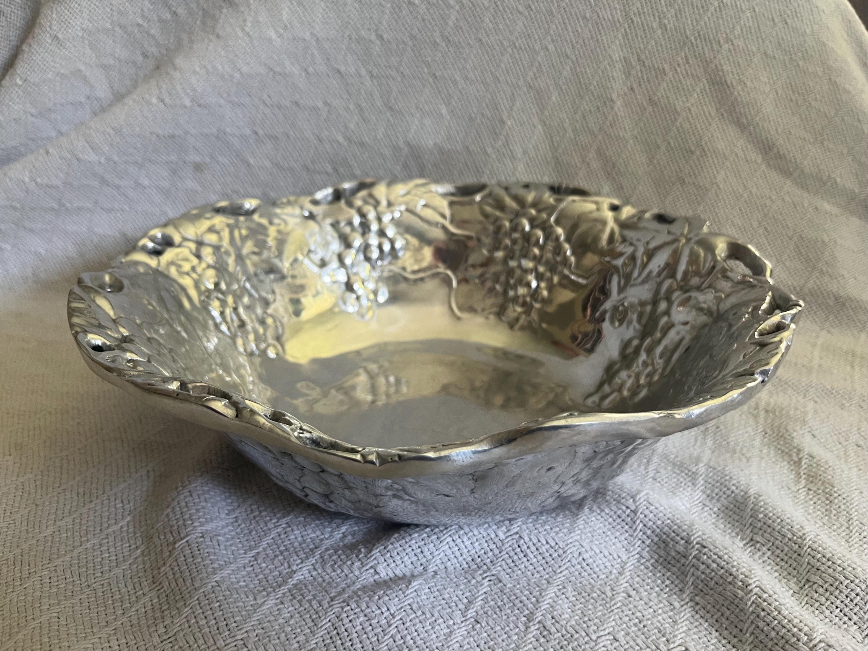 Vintage Large Polished Mexican Silver Tone Aluminum Bowl-Grapes & Leaf Design 11-1/2" Diam