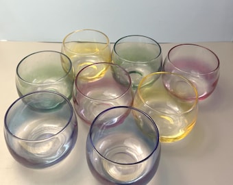 Set of 8 vintage iridescent roly poly glasses rainbow pastel barware (Federal style)