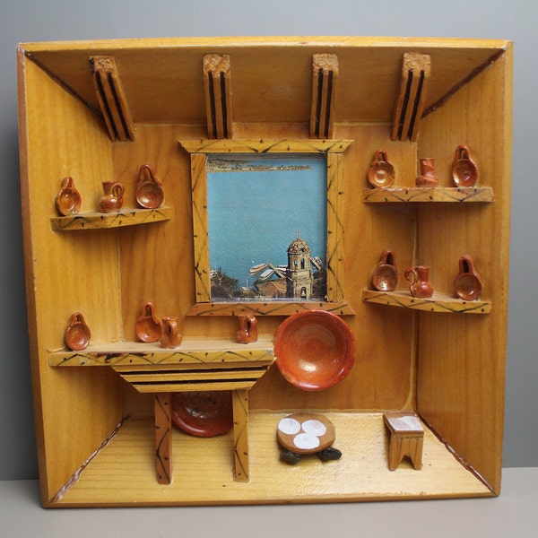 Vintage Wooden Kitchen Diorama 3D Frame 80s Tiny Figurines Wood Folk Art Picture Frame