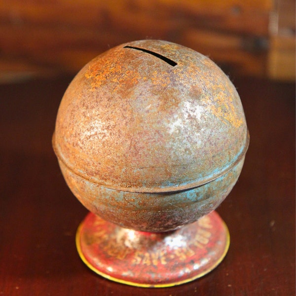 Vintage Rusty Patina Ohio Art 4.5" Litho Steel Globe Bank Advertising -Late 1940s Tin World Globe Toy Bank