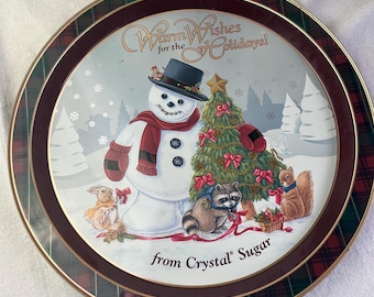 Vintage Crystal Sugar Christmas Serving Tray, “Warm Wishes for the Holidays” Snowman Tin