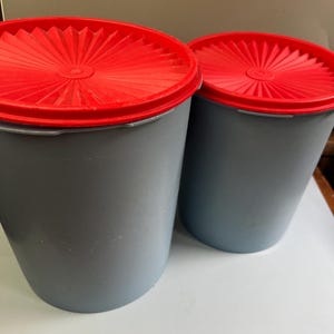 May include: Two cylindrical storage containers with a matte gray finish and bright red circular lids. Each lid features a distinct sunburst or starburst pattern radiating from the center. The containers are smooth, upright, and have a simple design.