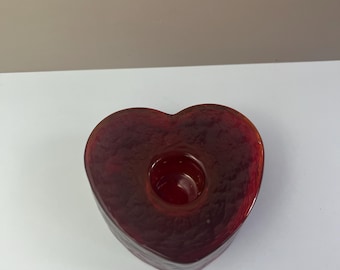 Vintage Chunky Red Glass Heart Candle Holder, Small Tealight or Taper Holder