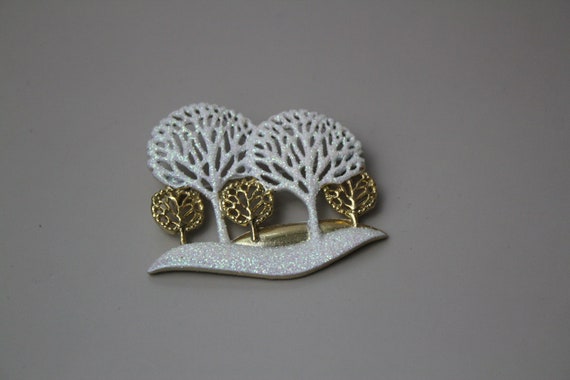 Vintage AJC Winter Tree Brooch Pin White and Gold… - image 2