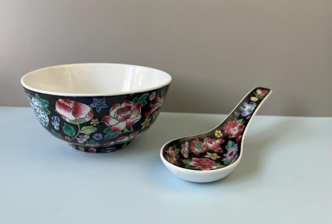 Vintage Hand-painted Floral Ceramic Bowl and Spoon Set - Etsy