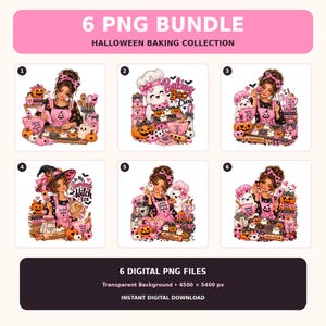 Può includere: Un pacchetto digitale di 6 file PNG con una collezione di pasticceria di Halloween. Ogni illustrazione mostra un personaggio con un grembiule rosa che cucina con fantasmi, zucche e utensili. Il testo include frasi come Baking Boo Crew e In My Sourdough Witch Era.