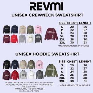 Puede incluir: Imagen de una tabla de tallas para sudaderas unisex de cuello redondo y con capucha. La tabla muestra las medidas de pecho y largo en pulgadas, desde la talla S hasta la 3XL. Se muestran varios colores de sudaderas.