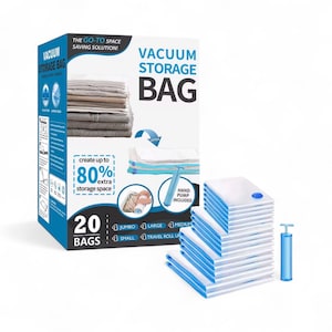 May include: A white and blue vacuum storage bag set with a hand pump. The box reads "VACUUM STORAGE BAG" and "THE GO-TO SPACE SAVING SOLUTION!" with a graphic showing 80% extra storage space. The set includes 20 bags.