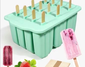 12 Stück -Hohlraum Silikon Eisform mit Holzstäbchen - Wiederverwendbare selbstgemachte Eismaschine