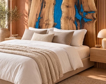 Custom Order Epoxy Wood Headboard, Live Edge Acacia Wood, Handmade Bedroom Furniture