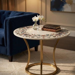 Handcrafted Floral Pietra Dura Marble Coffee Table - Luxury White Round Inlay Side Table with Brass Legs