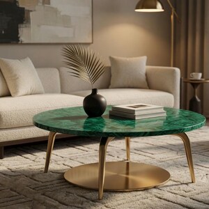 Puede incluir: Una mesa de centro redonda con tapa de mármol verde y patas doradas. Un jarrón negro con una hoja de palma y una pila de libros están sobre la mesa. La mesa tiene 91 cm de diámetro.