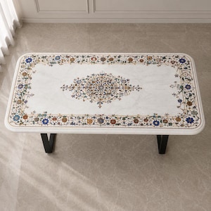 Eettafel met ingelegd wit marmer, Pietra Dura tafel met bloemenmotief, handgemaakte rechthoekige marmeren tafel, luxe stenen eettafel