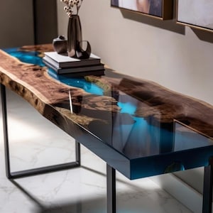 Handcrafted Live Edge Wood Blue Epoxy River Console Table - Luxury Long Resin Sofa Table