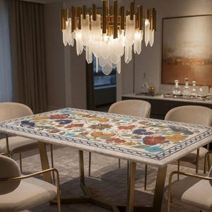 Handgemaakte bloemen Pietra Dura-marmeren eettafel - Luxe rechthoekige tafel met veelkleurige stenen inleg