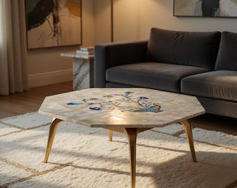 Handcrafted Octagonal Mother of Pearl Inlay Coffee Table - Blue Floral Pietra Dura Gold Legs