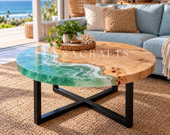 Round Ocean Blue Epoxy Coffee Table, Natural Acacia Wood, Luxury Handmade Resin Furniture