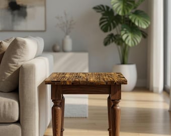 Handcrafted Wooden Mosaic Side Table - Parquet Top End Table with Turned Legs