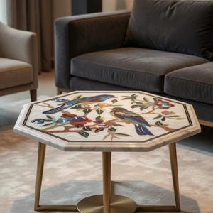 Octagonal Marble Coffee Table – Pietra Dura Birds, Gold Brass Legs, Luxury Inlay Side Table