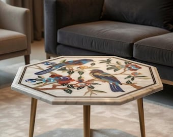 Achteckiger Marmor Couchtisch - Pietra Dura Birds, Goldmessing Beine, Luxus Inlay Beistelltisch