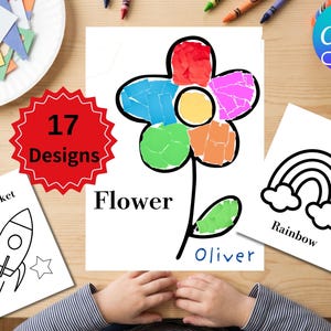 May include: A colorful flower art project with torn paper petals, labeled "Flower" and "Oliver." Additional drawings include a rocket and a rainbow. The image also features a red sticker that says "17 Designs."