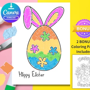 以下が含まれることがあります： イースターをテーマにしたクラフトプロジェクト。カラフルな卵のデザイン、ウサギの耳、花、そして「Happy Easter」の文字が特徴です。ボーナスぬりえページも含まれています。ハサミ、のり、紙も表示されています。