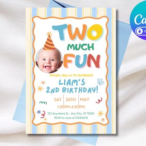 Editable Photo 2nd Birthday Invitation | Two Much Fun Birthday Invite | Any Age 1st 2nd 3rd | Colorful Retro Groovy Stripes | Canva Template