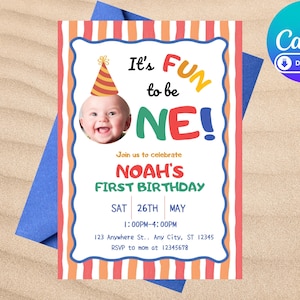 Colorful 1st birthday invitation | cute party hat photo | “It’s Fun to be One” | Custom Digital Invitation Card | 5×7 Inches