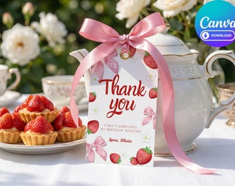 Etichetta di ringraziamento a tema frutti di bosco, bomboniere personalizzabili per la festa di compleanno a tema fragole, etichette regalo con nastro rosa Coquette, primo compleanno a tema frutti di bosco, Canva