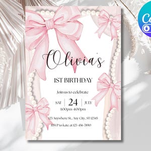 Editable Pink Ribbon & Pearl Birthday Invitation Template 5×7 inches Canva Template