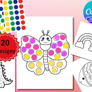 May include: Printable dot marker activity pages with a butterfly, dinosaur, rainbow, and fish. The butterfly has pink, purple, and yellow dots. Also includes a sticker sheet with colourful dots and a red badge that says "20 Designs".