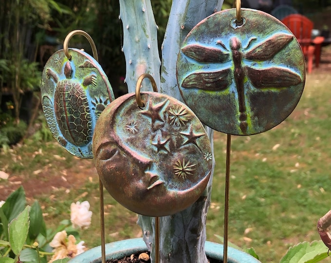 Turtle, Dragonfly, Moon, Terracotta Garden Marker Ornaments