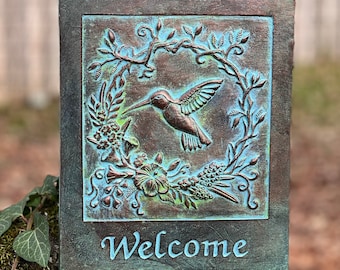 Concrete Hummingbird Welcome Garden Plaque