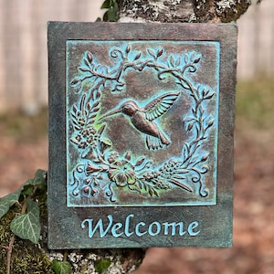 Hummingbird Welcome Garden Plaque | Concrete | Painted | Mother’s Day |  Gifts for Her | Outdoor Garden Decor