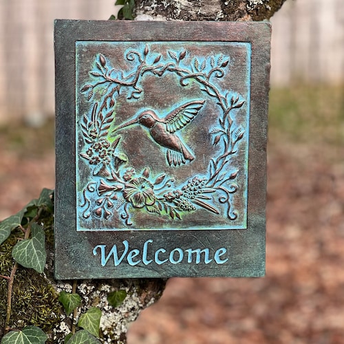 Hummingbird Concrete Welcome Hanging Garden Art