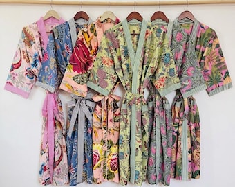 Katoenen kimonobadjas met handblokprint - roze kamerjas met bloemen, cadeau bruidsmeisje, zomernachtkleding