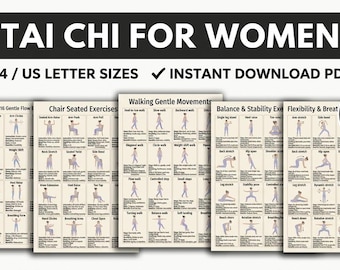 Tai Chi for Women Printable Bundle, 5 Page Workout Chart, Chair & Walking Tai Chi for Seniors and Beginners, Balance and Flexibility PDF