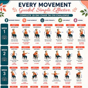 Puede incluir: Un gráfico de desafío de Tai Chi en silla de 28 días con ilustraciones de ejercicios diarios. El texto dice: EVERY MOVEMENT Guided. Simple. Effective. COMPLETE 28 DAY CHAIR TAI CHI CHALLENGE. Incluye iconos para principiantes, silla, fuerza, bajo impacto y mujeres.