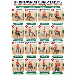 May include: A chart titled Hip Replacement Recovery Exercises featuring 16 numbered panels. Each panel displays a person in a red shirt and blue pants performing a specific mobility or strength exercise with instructions and repetition counts.