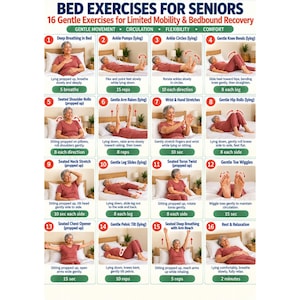 May include: An instructional chart titled Bed Exercises for Seniors featuring 16 numbered panels. Each panel displays a person in a red shirt performing a specific movement while lying or sitting in bed, accompanied by descriptive text and repetition counts.